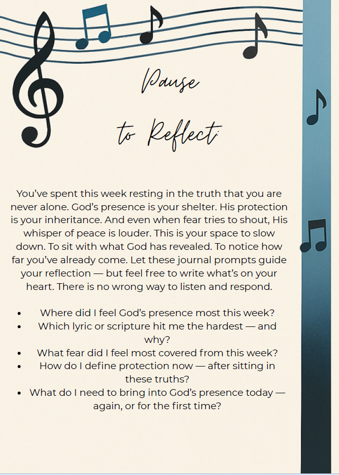 Fear Has No Hold Pause to Reflect page with five journal prompts about God’s presence, protection, and overcoming fear, bordered by musical notes.